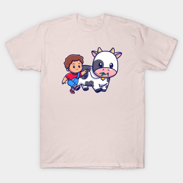 Cute Boy Walking With Cow Cartoon T-Shirt by Catalyst Labs